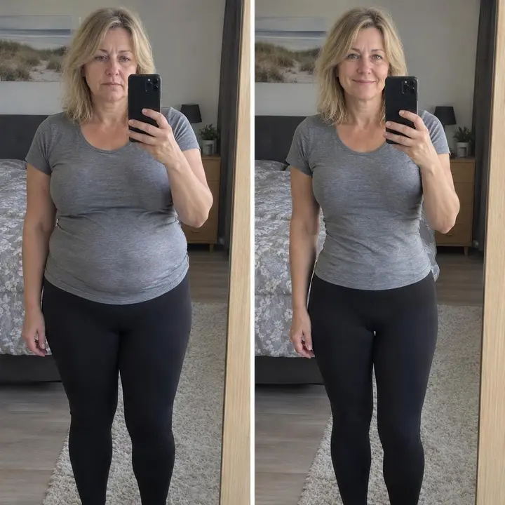 Voor en na: vrouw van rond de 50 in spiegelselfie