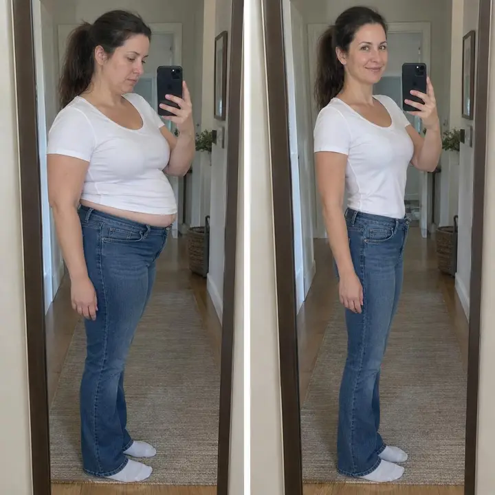 Voor en na: vrouw in jeans die losser zit